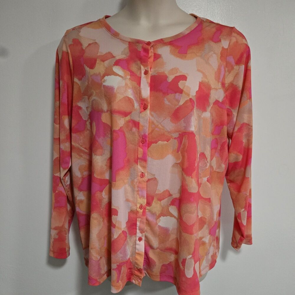 LOGO Lori Goldstein Plus Size 1X Watercolor Print Mesh Cardigan Coral